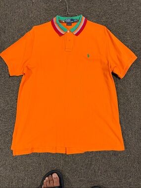 Polo by Ralph Lauren Orange Short-Sleeve Polo with Multicolor Stripe Collar